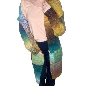 CGYY Multicolored Rainbow Chunky Knit Wool Longline Duster Cardigan Sweater Med